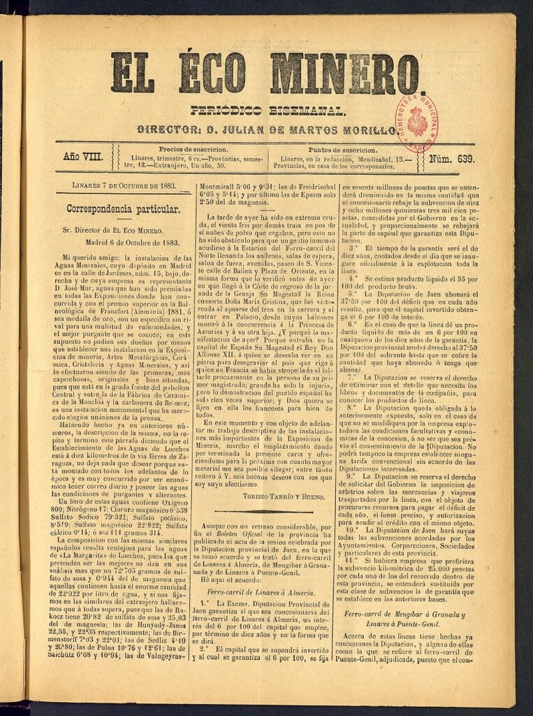 Miniatura de El Eco Minero : periódico bisemanal del 7 de octubre de 1883,nº 639