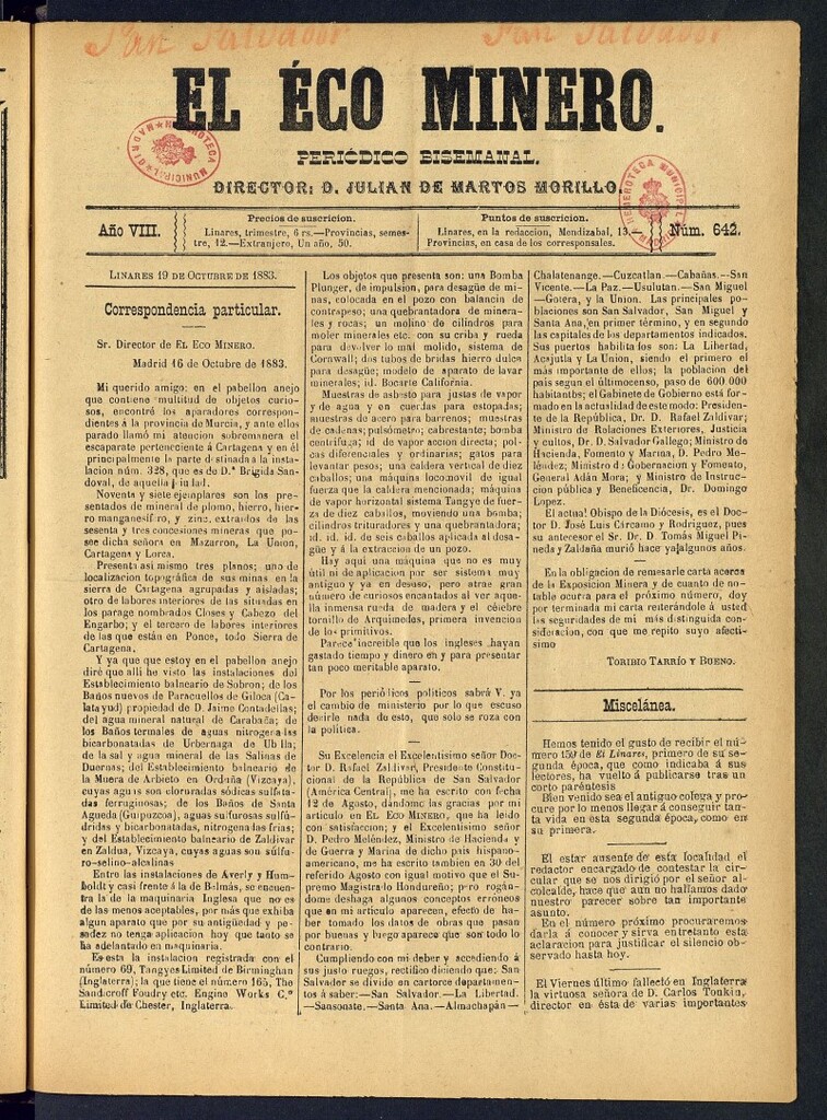 Miniatura de El Eco Minero : periódico bisemanal del 19 de octubre de 1883, nº 642