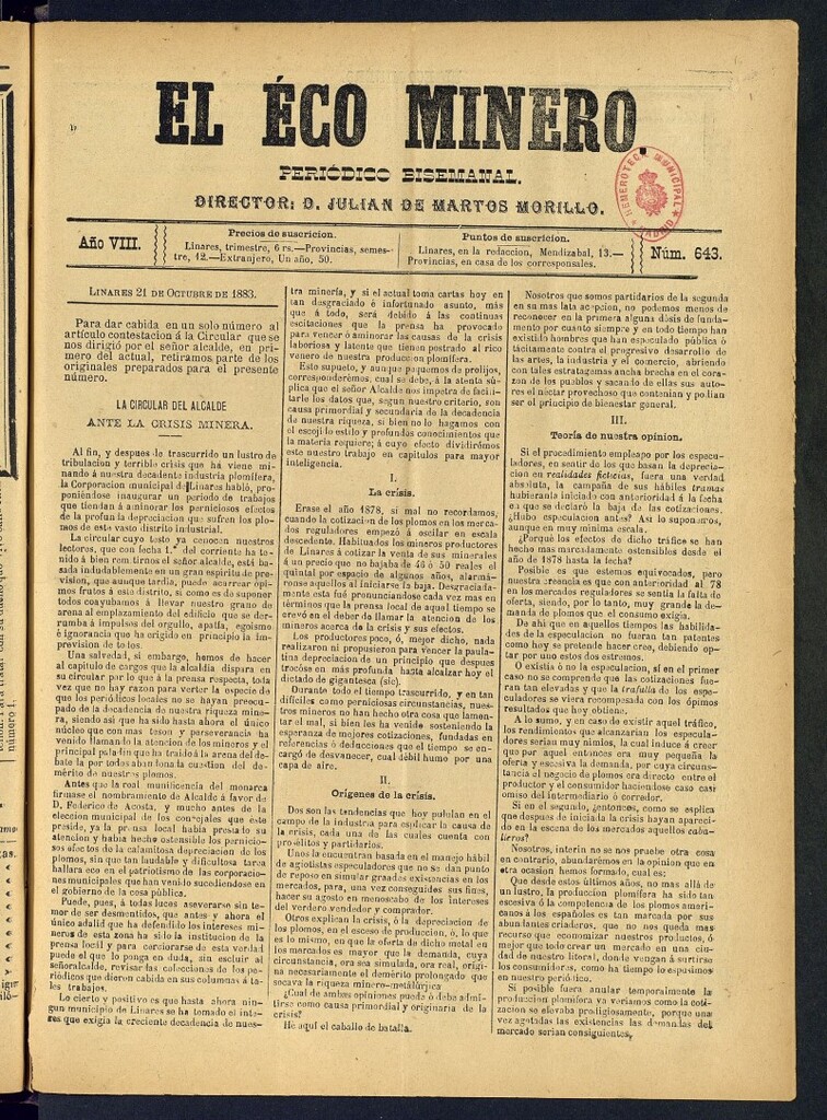 Miniatura de El Eco Minero : periódico bisemanal del 21 de octubre de 1883,nº 643