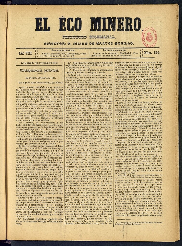 Miniatura de El Eco Minero : periódico bisemanal del 25 de octubre de 1883, nº 644