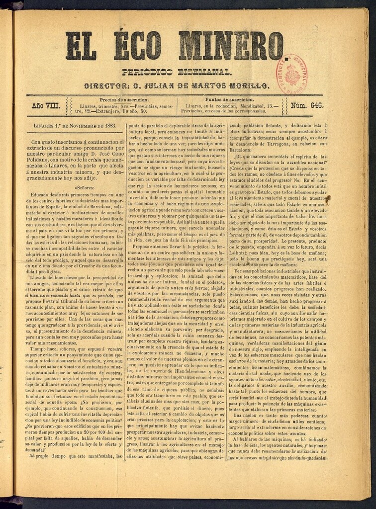 Miniatura de El Eco Minero : periódico bisemanal del 1 de noviembre de 1883, nº 646