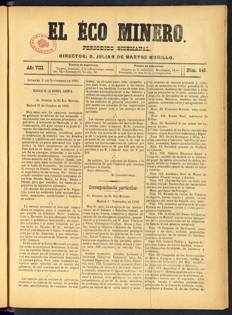 Miniatura de El Eco Minero : periódico bisemanal del 8 de noviembre de 1883, nº 648