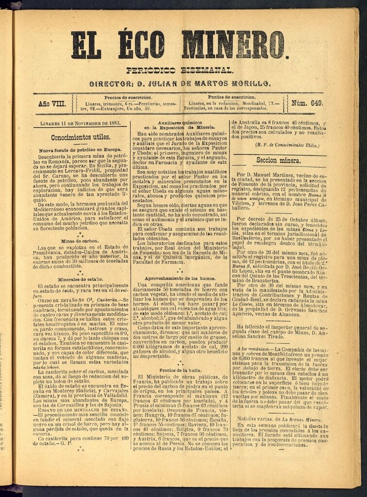 Miniatura de El Eco Minero : periódico bisemanal del 11 de noviembre de 1883, nº 649
