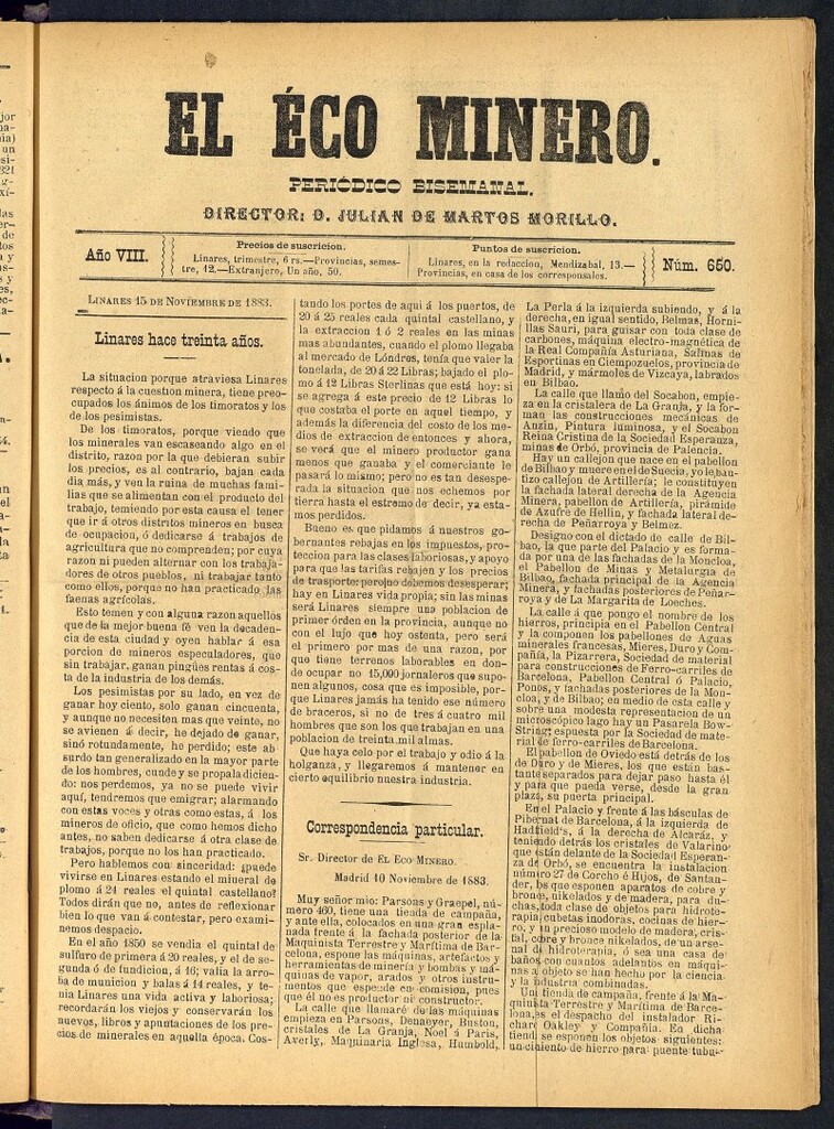 Miniatura de El Eco Minero : periódico bisemanal del 15 de noviembre de 1883, nº 650