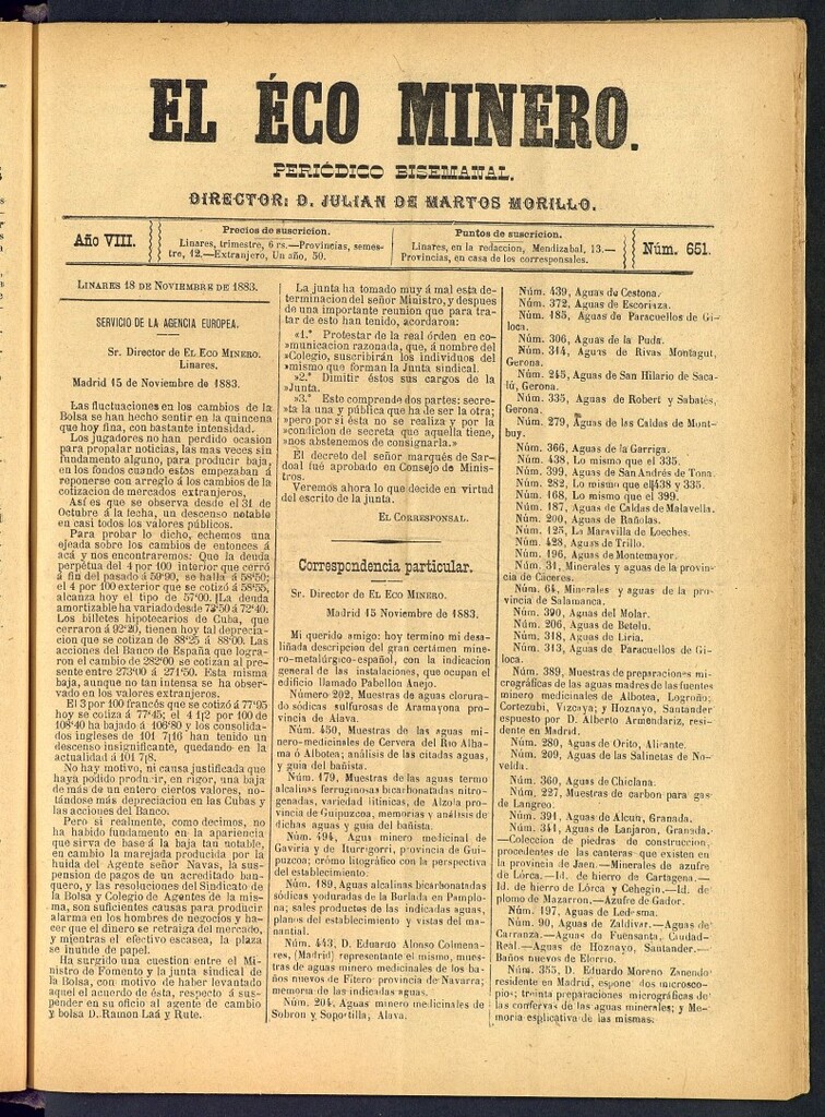Miniatura de El Eco Minero : periódico bisemanal del 18 de noviembre de 1883, nº 651