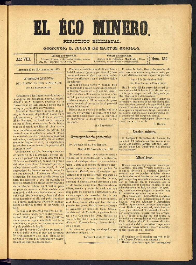 Miniatura de El Eco Minero : periódico bisemanal del 22 de noviembre de 1883, nº 652