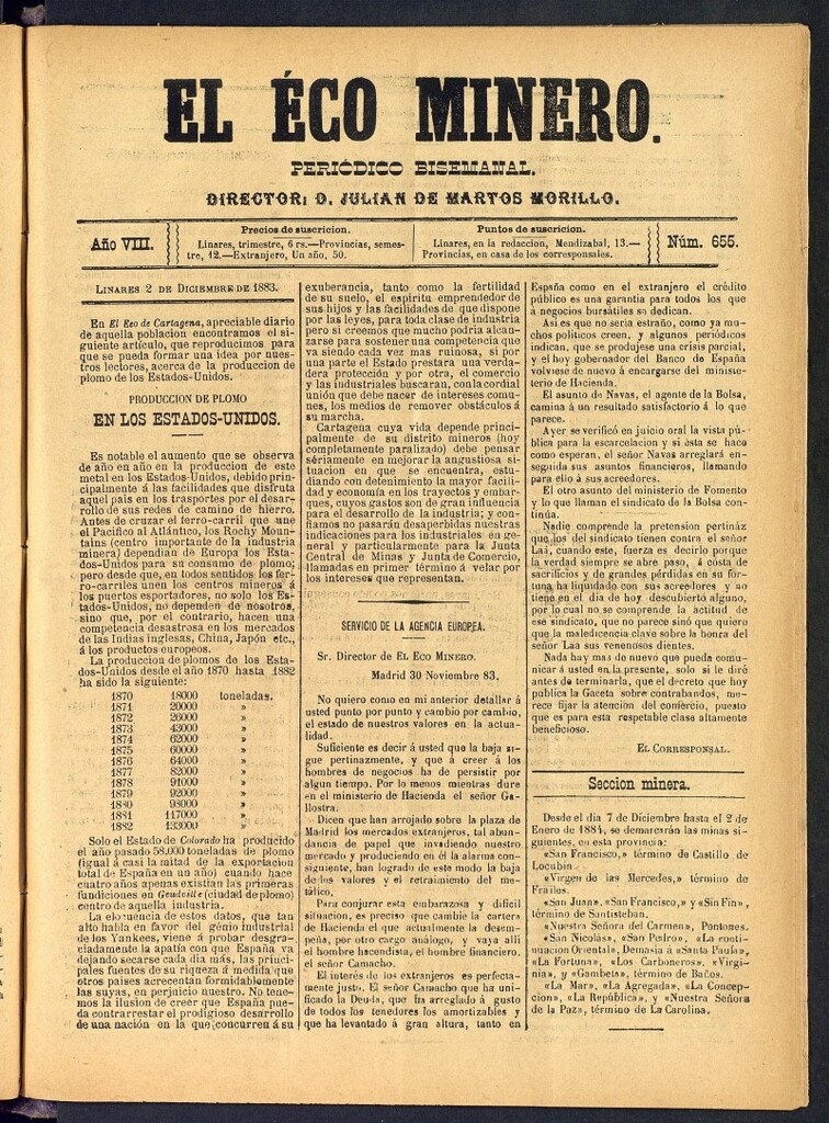 Miniatura de El Eco Minero : periódico bisemanal , de 2 de diciembre de 1883, nº 655