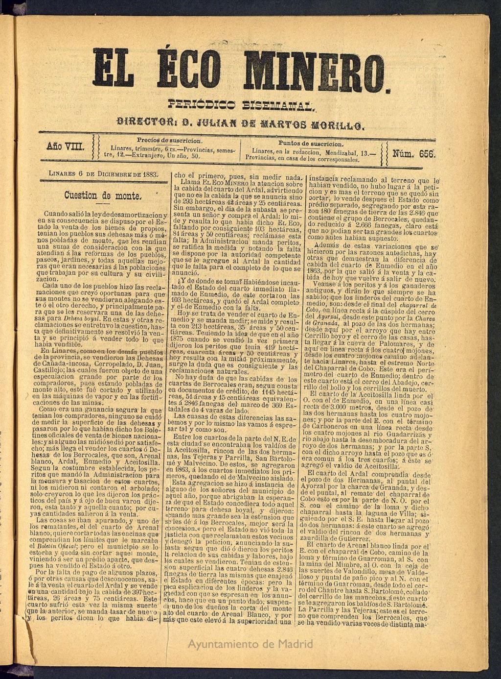 Miniatura de El Eco Minero : periódico bisemanal , de 6 de diciembre de 1883, nº 656