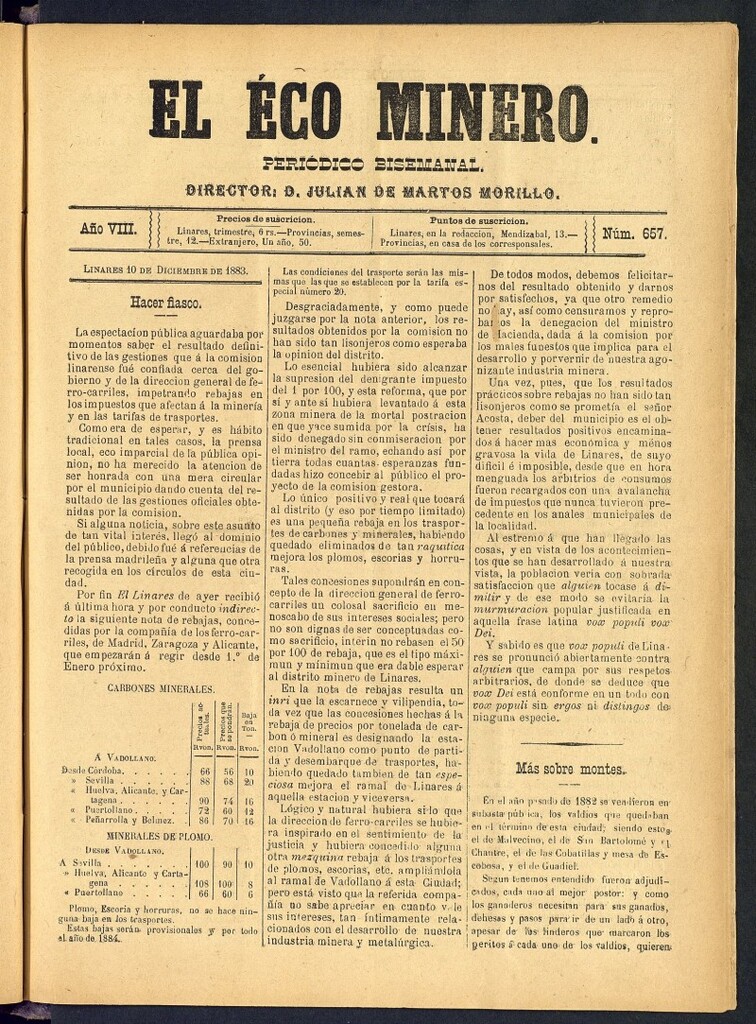 Miniatura de El Eco Minero : periódico bisemanal del 10 de diciembre de 1883, nº 657