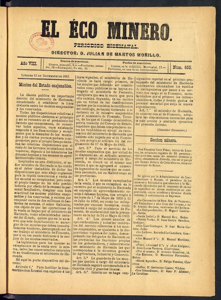 Miniatura de El Eco Minero : periódico bisemanal, del 13 de diciembre de 1883, nº 658
