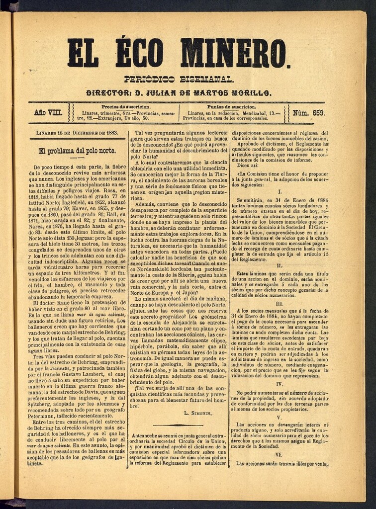 Miniatura de El Eco Minero : periódico bisemanal del 16 de diciembre de 1883, nº 659