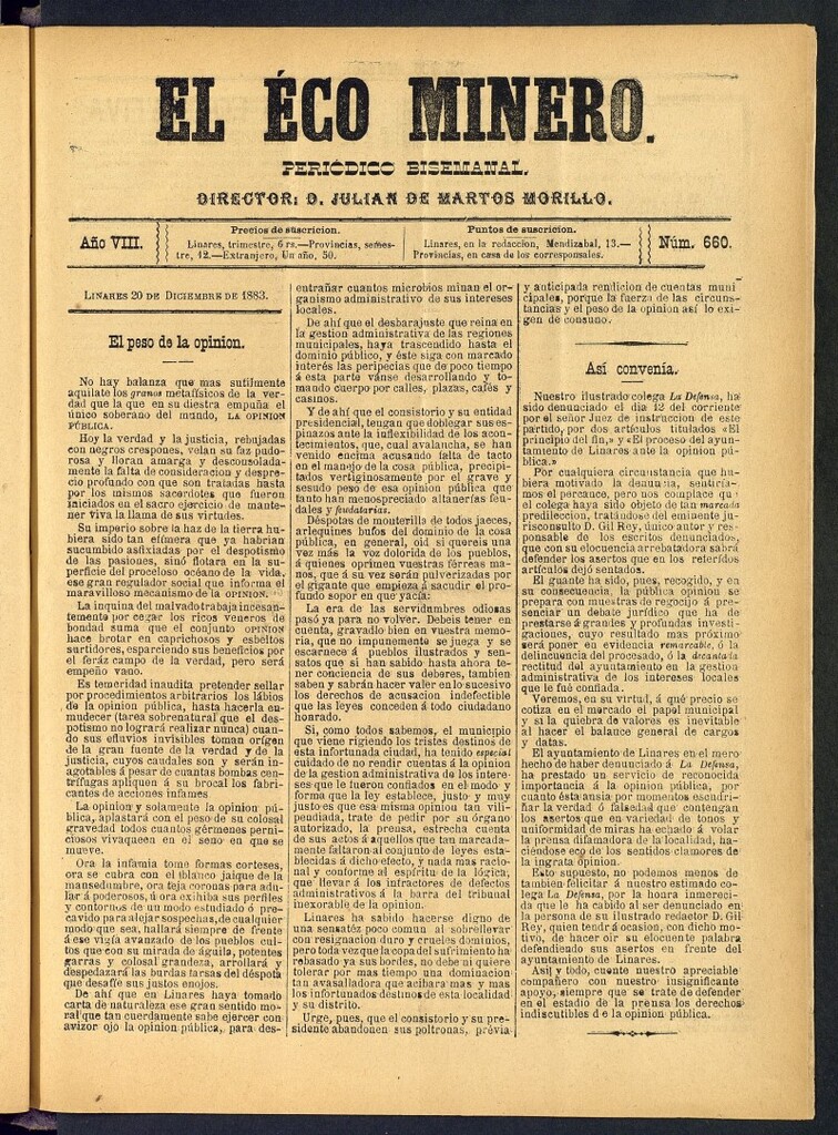 Miniatura de El Eco Minero : periódico bisemanal del 20 de diciembre de 1883, nº 660