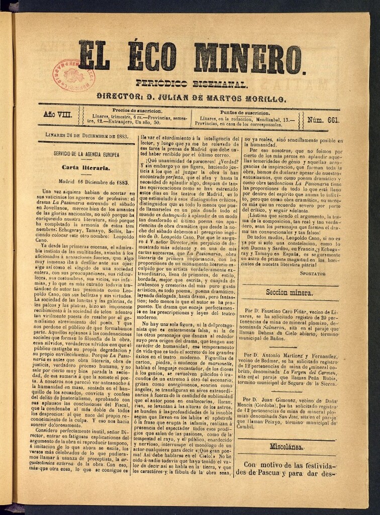 Miniatura de El Eco Minero : periódico bisemanal del 24 de diciembre de 1883, nº 661