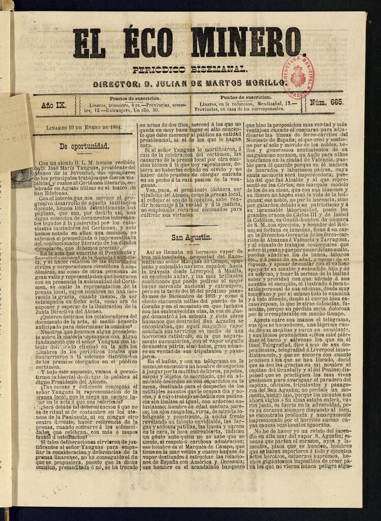 Miniatura de El Eco Minero : periódico bisemanal del 10 de enero de 1884, nº 665