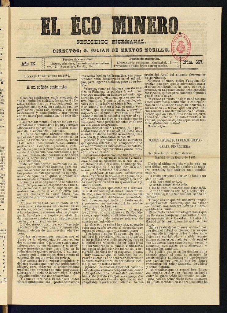 Miniatura de El Eco Minero : periódico bisemanal del 17 de enero de 1884, nº 667