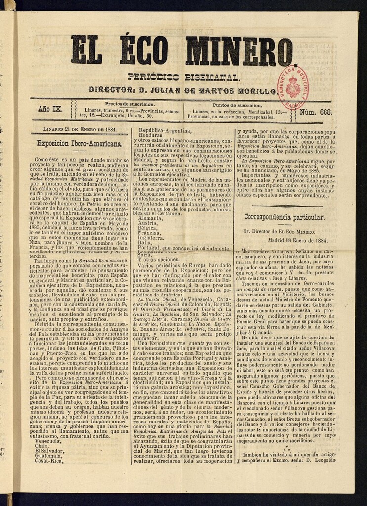 Miniatura de El Eco Minero : periódico bisemanal del 21 de enero de 1884, nº 668