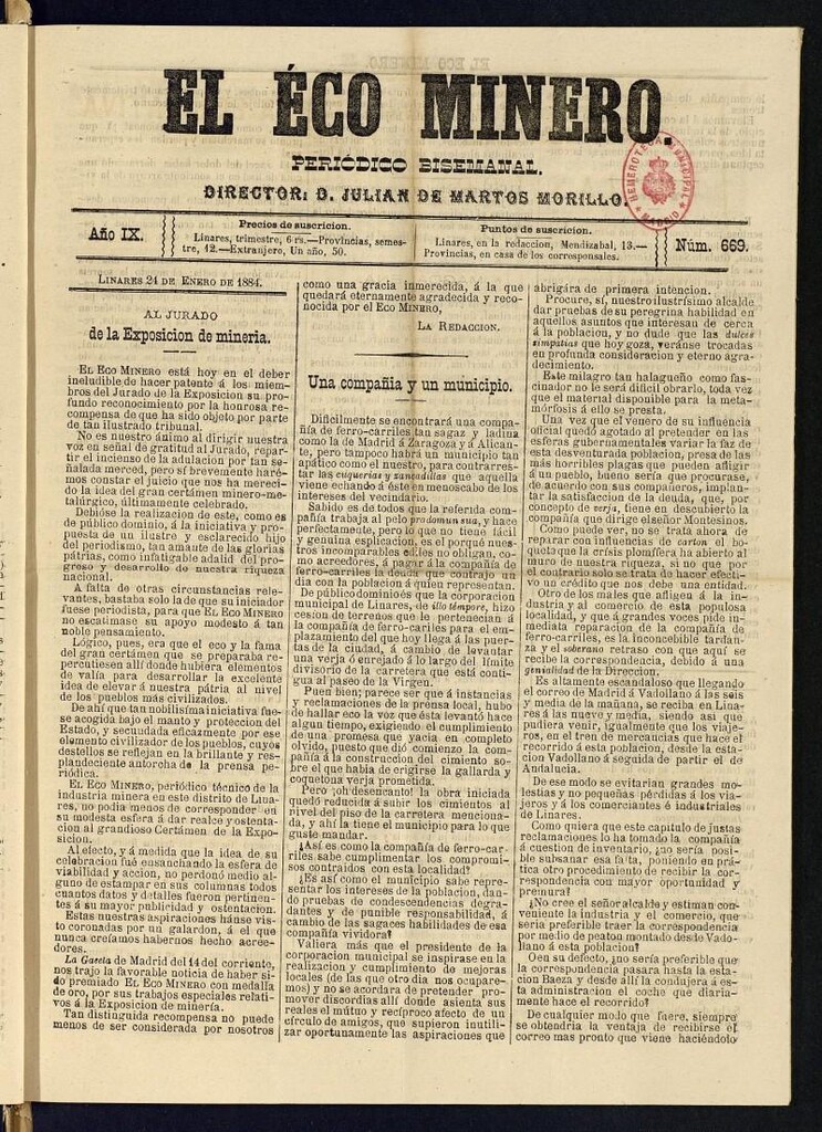 Miniatura de El Eco Minero : periódico bisemanal del 24 de enero de 1884, nº 669