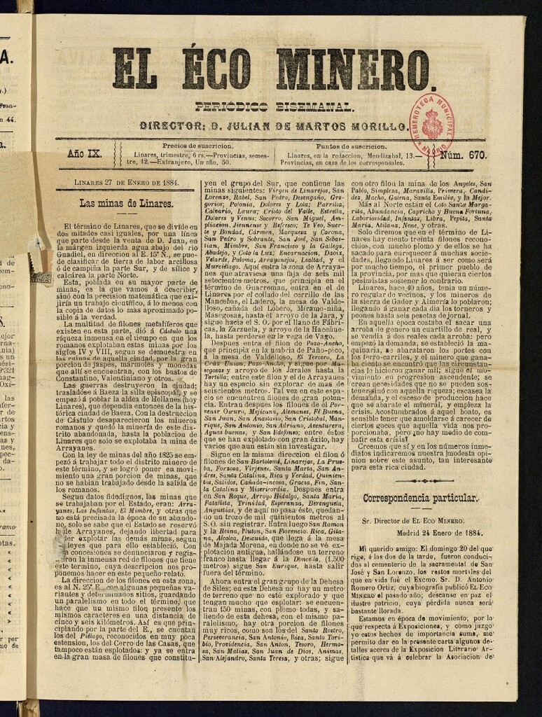 Miniatura de El Eco Minero : periódico bisemanal del 27 de enero de 1884, nº 670