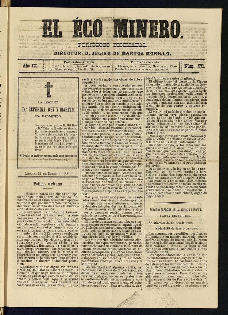 Miniatura de El Eco Minero : periódico bisemanal del 31 de enero de 1884, nº 671