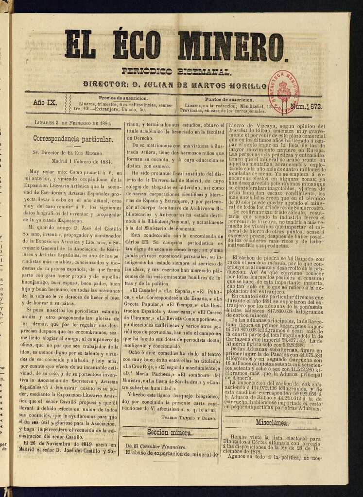 Miniatura de El Eco Minero : periódico bisemanal del 3 de febrero de 1884, nº 672