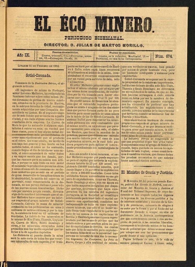 Miniatura de El Eco Minero : periódico bisemanal del 11 de febrero de 1884, nº 674