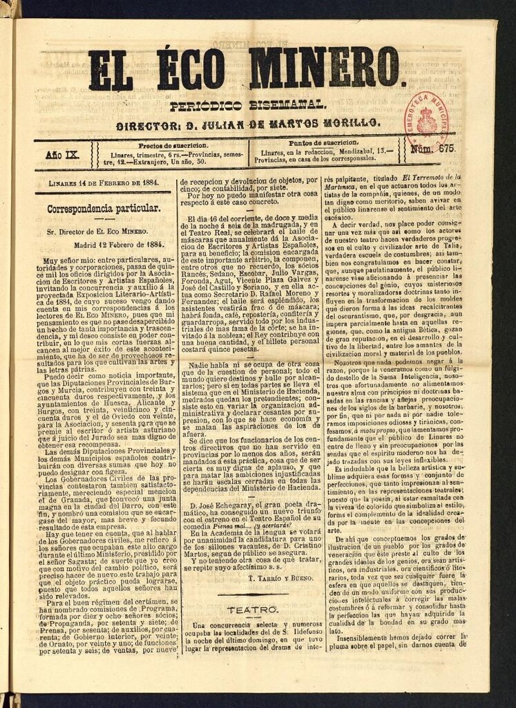 Miniatura de El Eco Minero : periódico bisemanal del 14 de febrero de 1884, nº 675