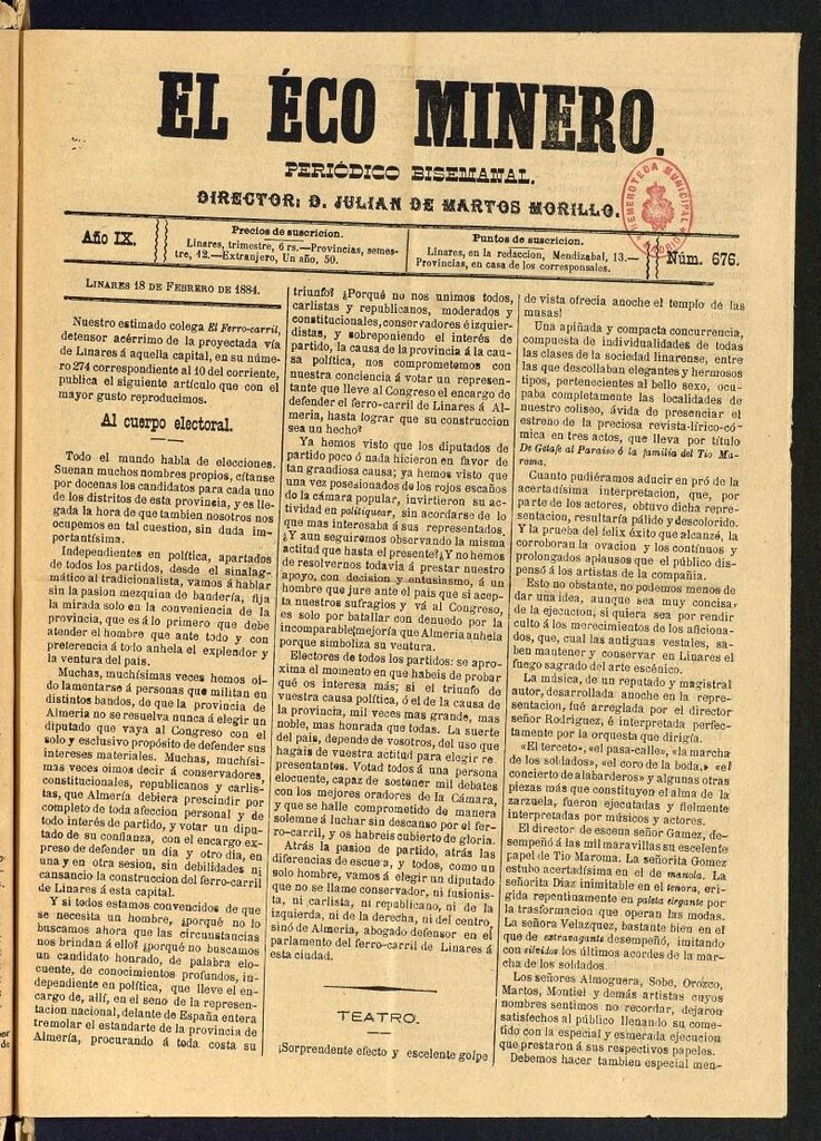 Miniatura de El Eco Minero : periódico bisemanal del 18 de febrero de 1884, nº 676