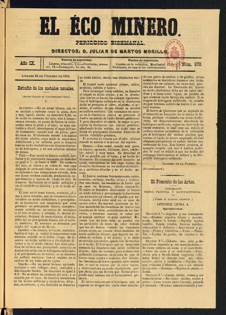 Miniatura de El Eco Minero : periódico bisemanal del 24 de febrero de 1884, nº 678