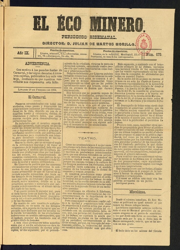 Miniatura de El Eco Minero : periódico bisemanal del 28 de febrero de 1884, nº 679