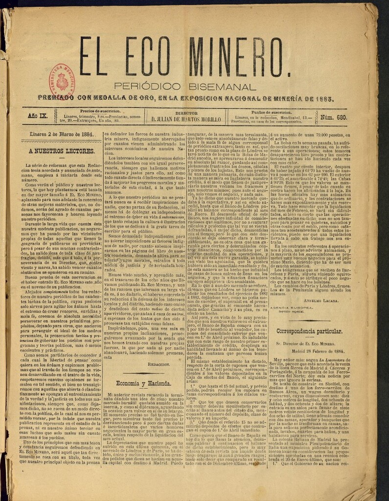 Miniatura de El Eco Minero : periódico bisemanal del 2 de marzo de 1884, nº 680