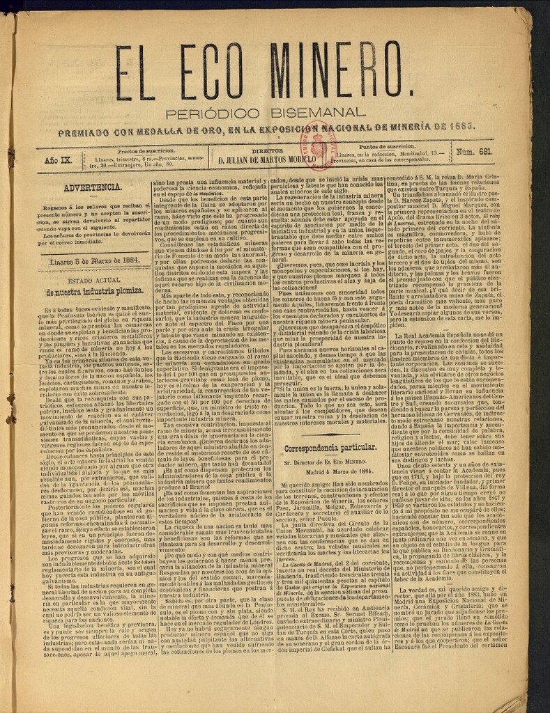 Miniatura de El Eco Minero : periódico bisemanal del 5 de marzo de 1884, nº 681