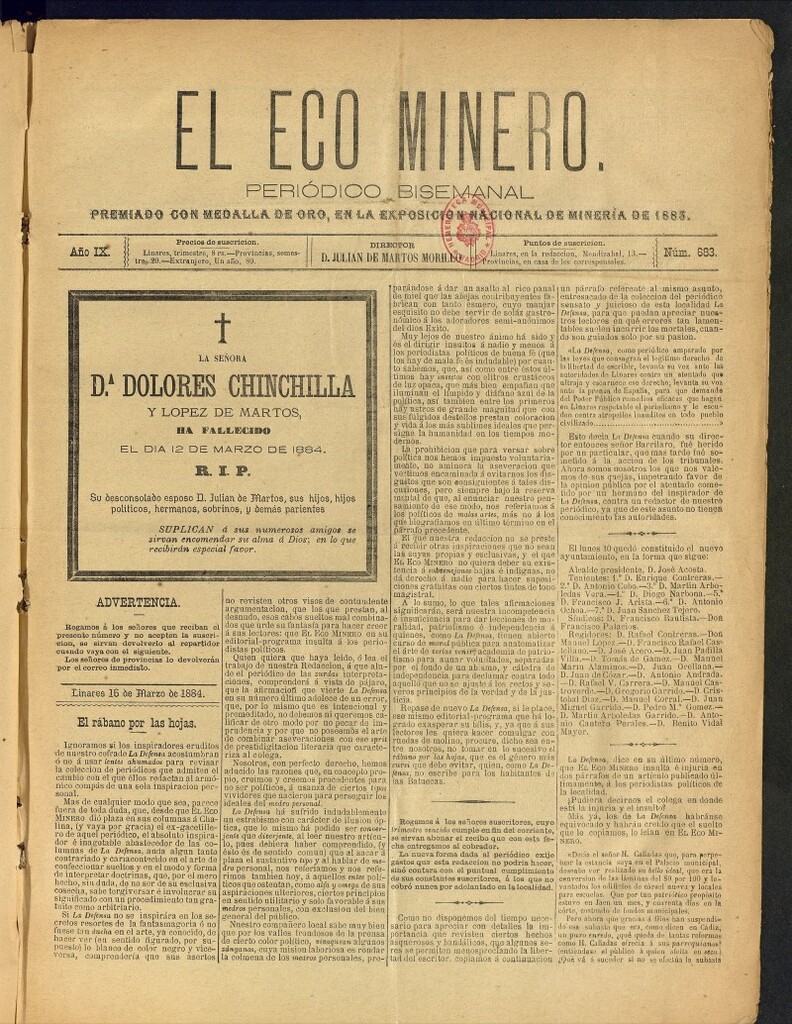 Miniatura de El Eco Minero : periódico bisemanal del 16 de marzo de 1884, nº 683