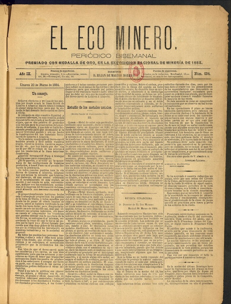 Miniatura de El Eco Minero : periódico bisemanal del 20 de marzo de 1884, nº 684