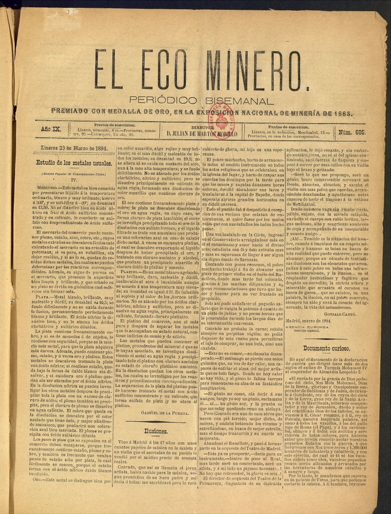 Miniatura de El Eco Minero : periódico bisemanal del 23 de marzo de 1884, nº 685
