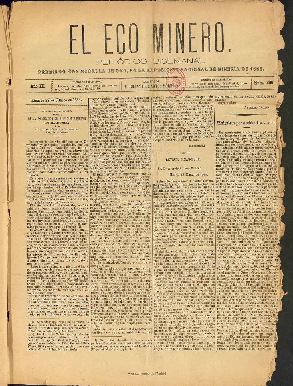 Miniatura de El Eco Minero : periódico bisemanal del 27 de marzo de 1884, nº 686