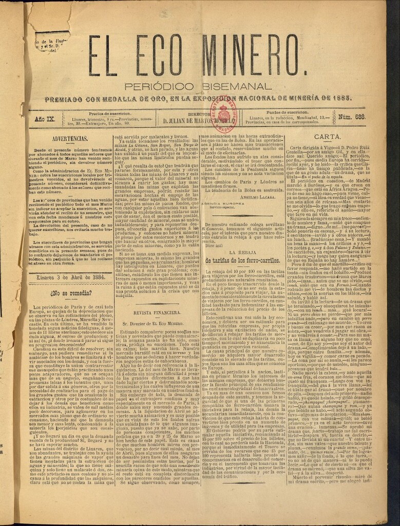 Miniatura de El Eco Minero : periódico bisemanal del 3 de abril de 1884, nº 688