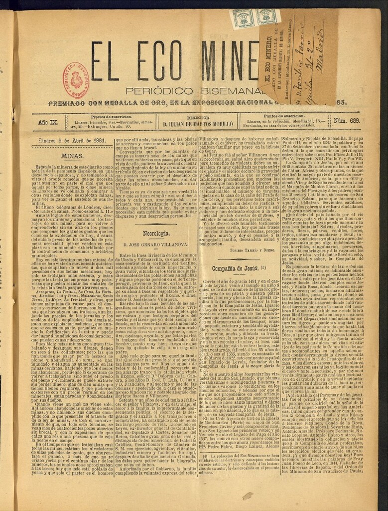 Miniatura de El Eco Minero : periódico bisemanal del 6 de abril de 1884, nº 689