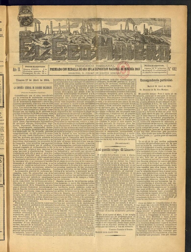 Miniatura de El Eco Minero : periódico bisemanal del 17 de abril de 1884, nº 692