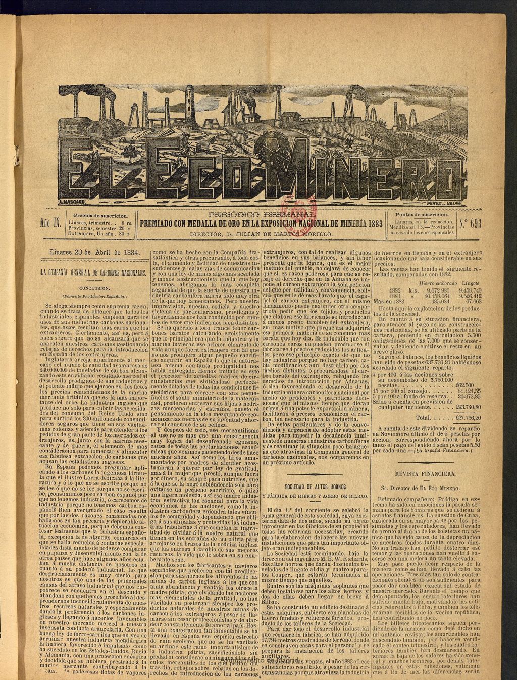 Miniatura de El Eco Minero : periódico bisemanal del 20 de abril de 1884, nº 693