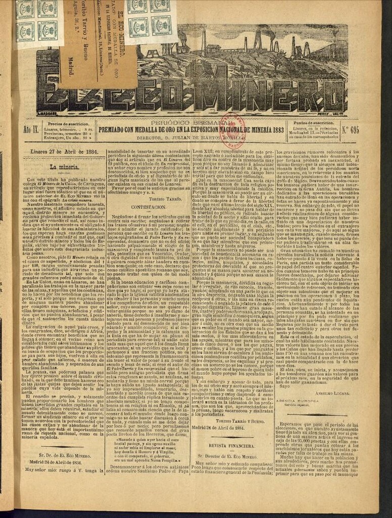 Miniatura de El Eco Minero : periódico bisemanal del 27 de abril de 1884, nº 695