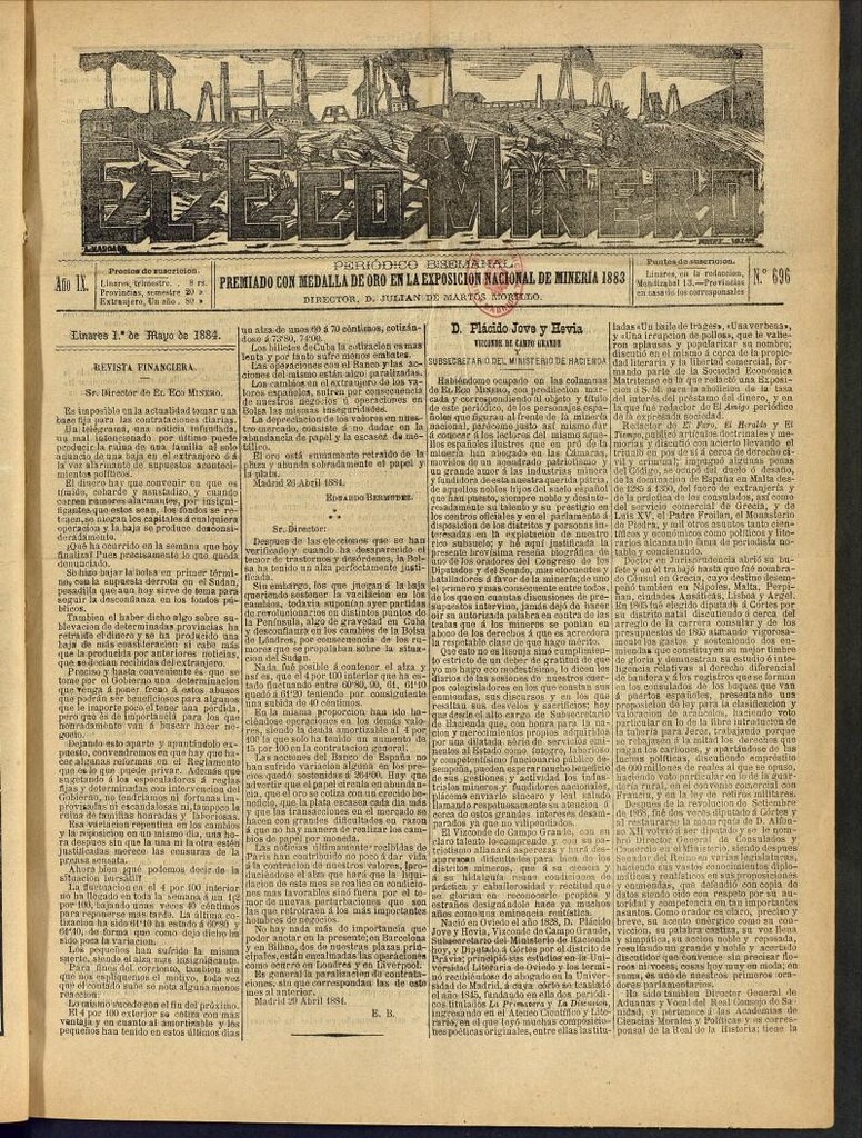 Miniatura de El Eco Minero : periódico bisemanal del 1 de mayo de 1884, nº 696