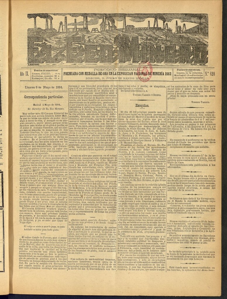 Miniatura de El Eco Minero : periódico bisemanal del 8 de mayo de 1884, nº 698