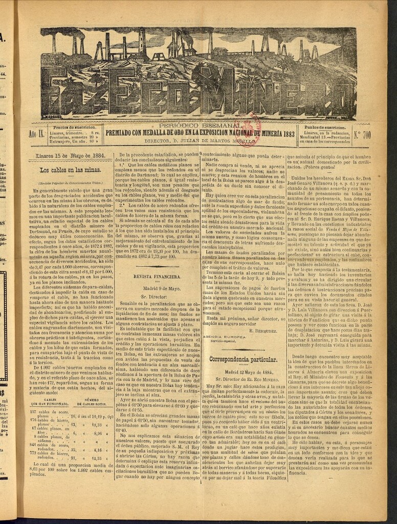 Miniatura de El Eco Minero : periódico bisemanal del 15 de mayo de 1884, nº 700