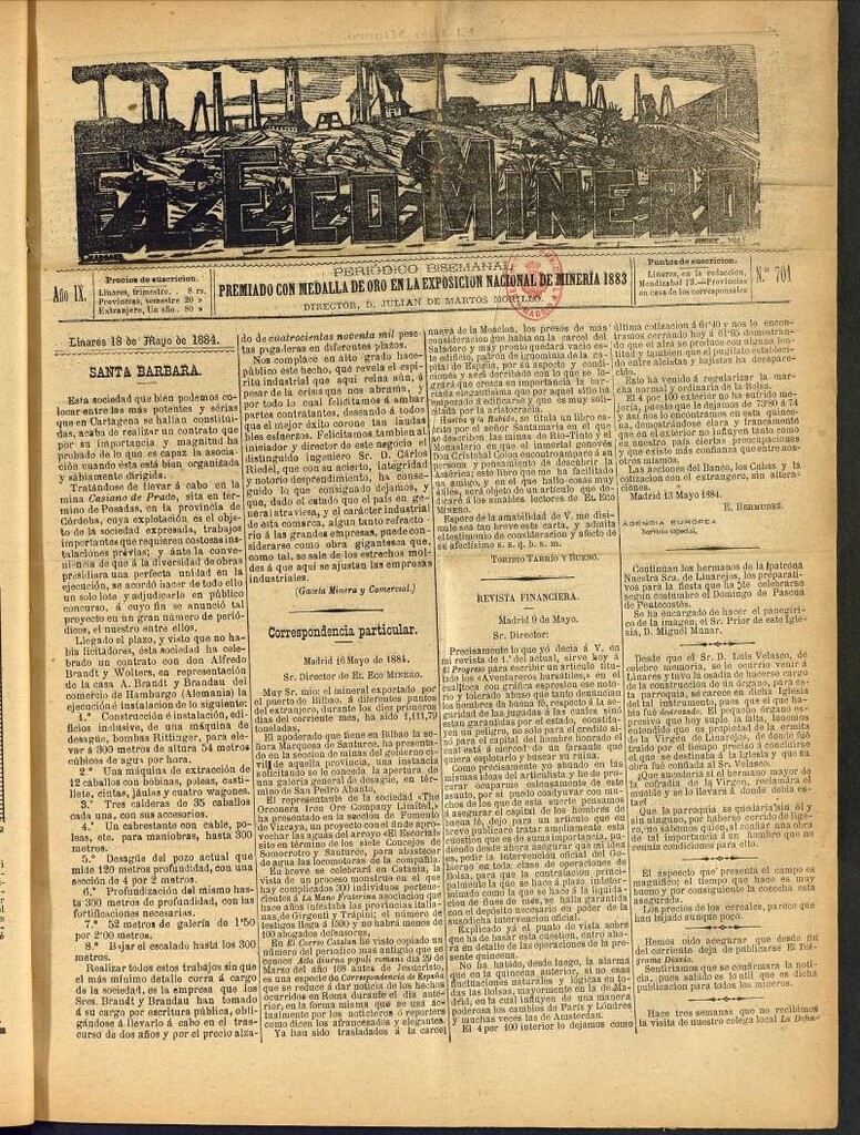 Miniatura de El Eco Minero : periódico bisemanal del 18 de mayo de 1884, nº 701