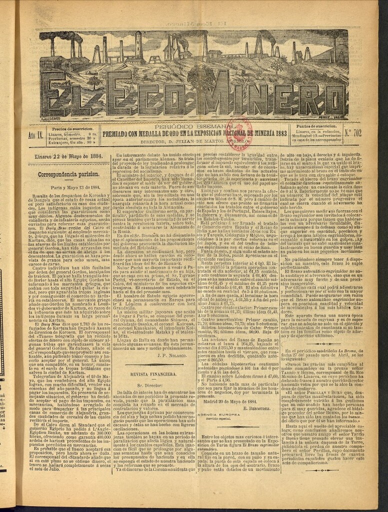 Miniatura de El Eco Minero : periódico bisemanal del 22 de mayo de 1884, nº 702
