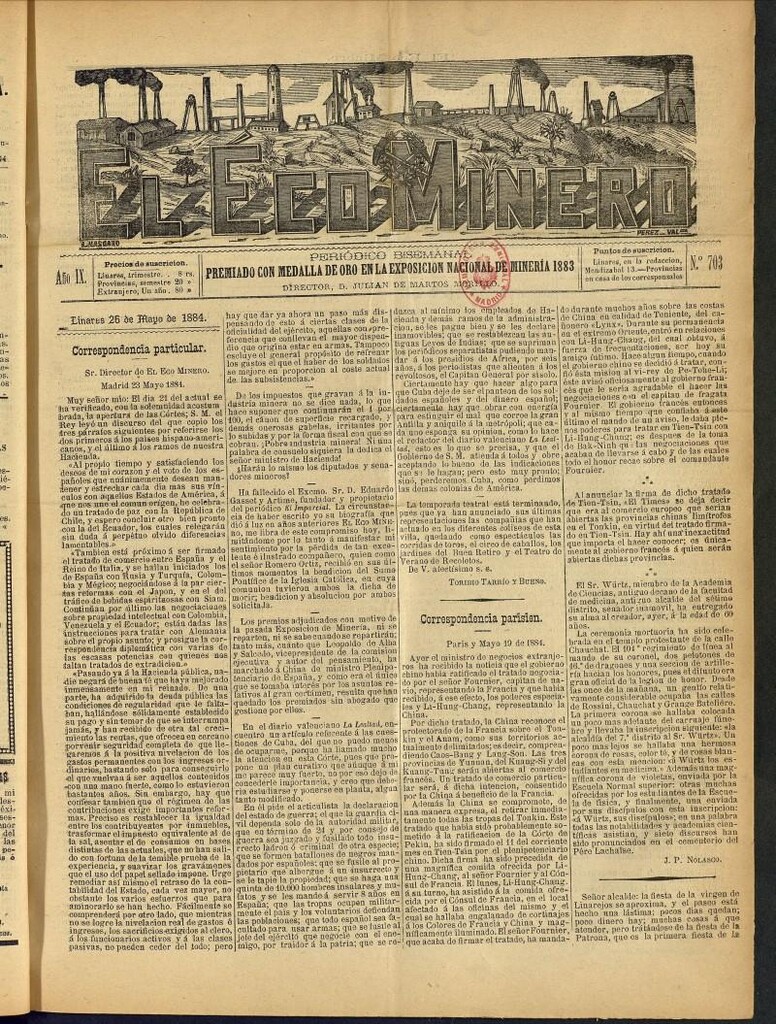 Miniatura de El Eco Minero : periódico bisemanal del 26 de mayo de 1884, nº 703