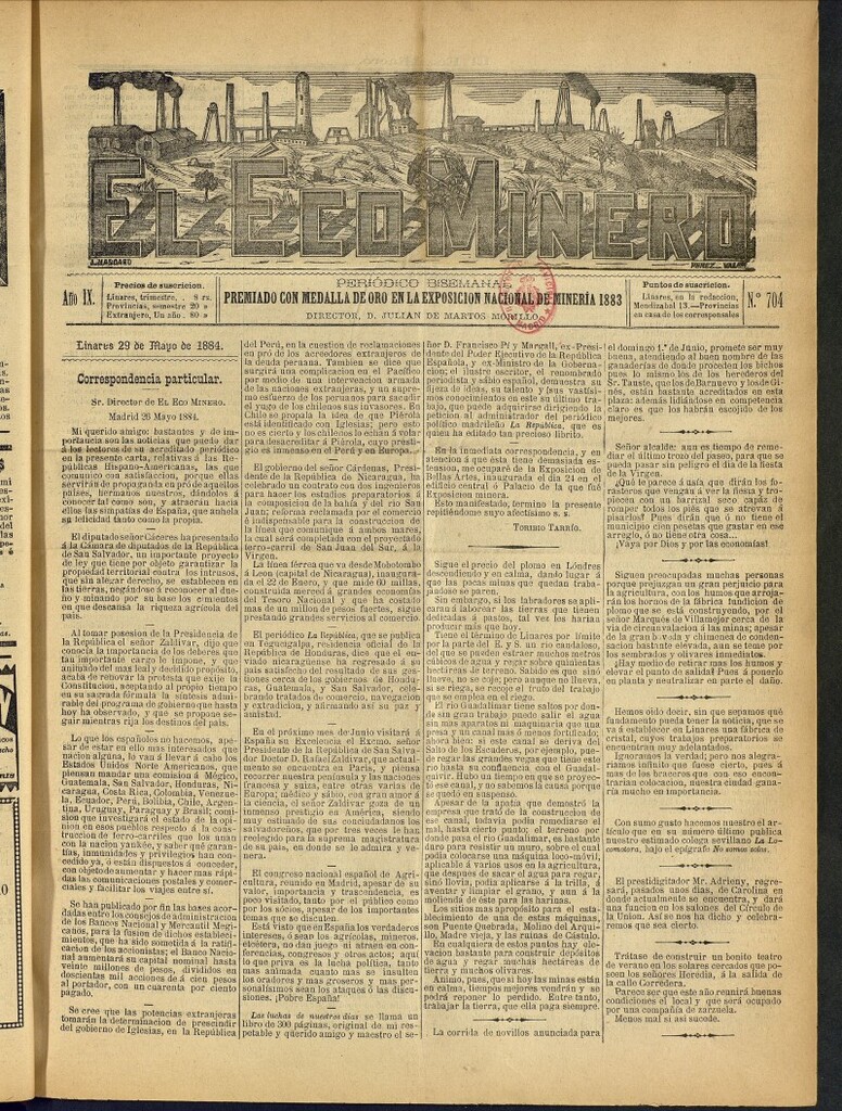 Miniatura de El Eco Minero : periódico bisemanal del 29 de mayo de 1884, nº 704