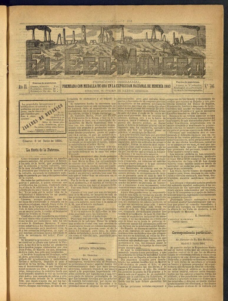 Miniatura de El Eco Minero : periódico bisemanal del 8 de junio de 1884, nº 706