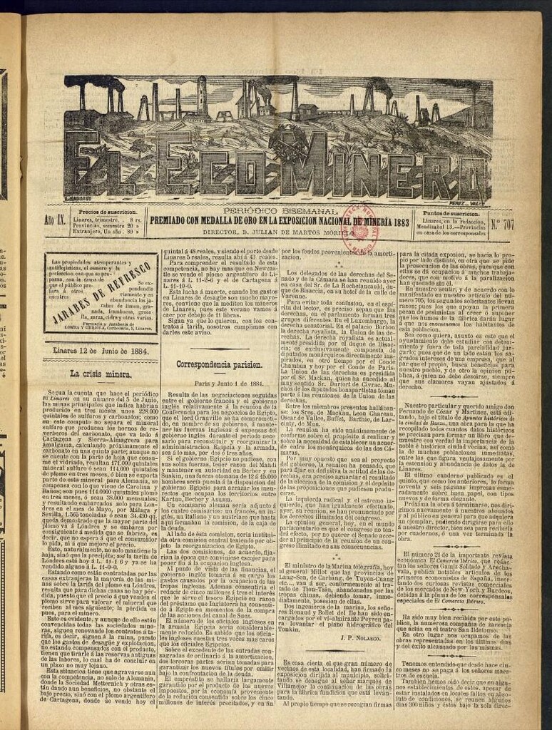 Miniatura de El Eco Minero : periódico bisemanal del 12 de junio de 1884, nº 707