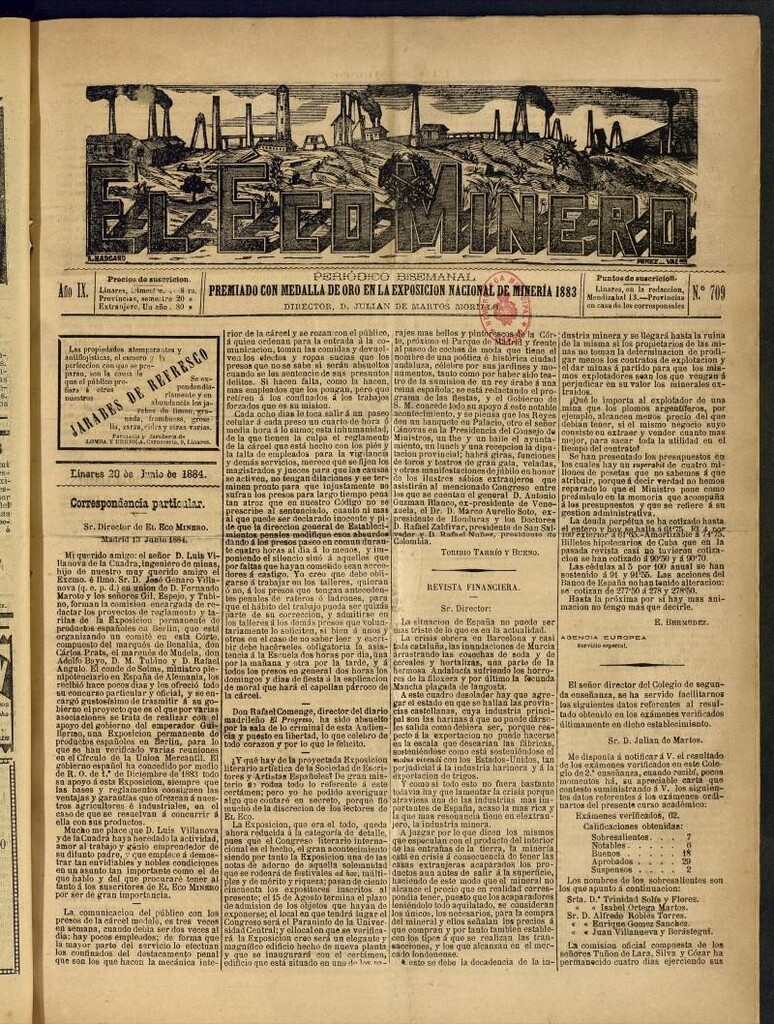 Miniatura de El Eco Minero : periódico bisemanal del 20 de junio de 1884, nº 709
